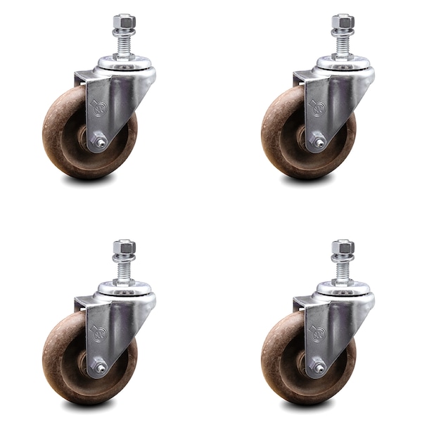 4 Inch High Temp Glass Filled Nylon Swivel 3/8 Inch Threaded Stem Caster Set SCC